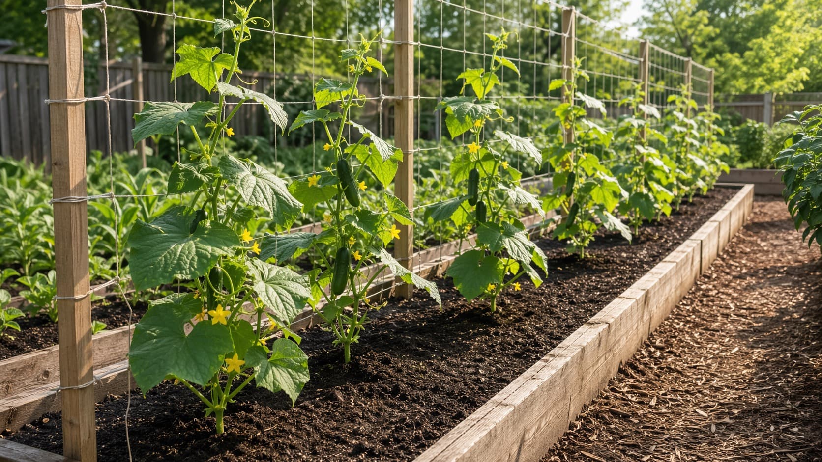 Young cucumber plants growing in a garden bed with room to spread.