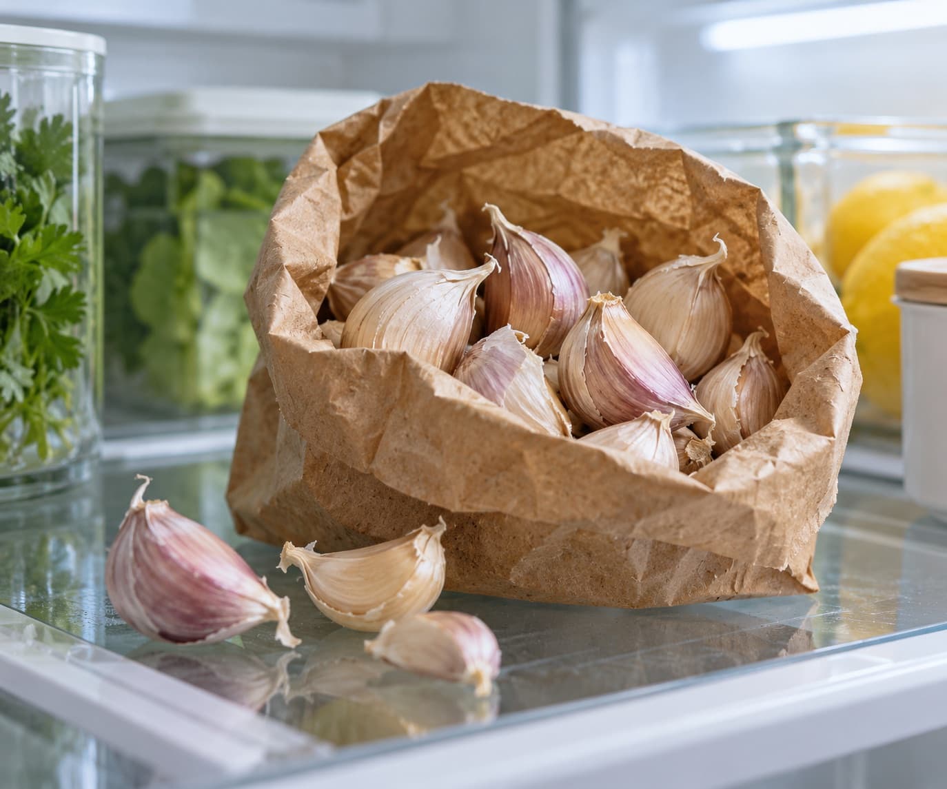 Separated garlic cloves standing in an open paper bag on a refrigerator shelf, waiting out the cold treatment Florida gardeners give them.