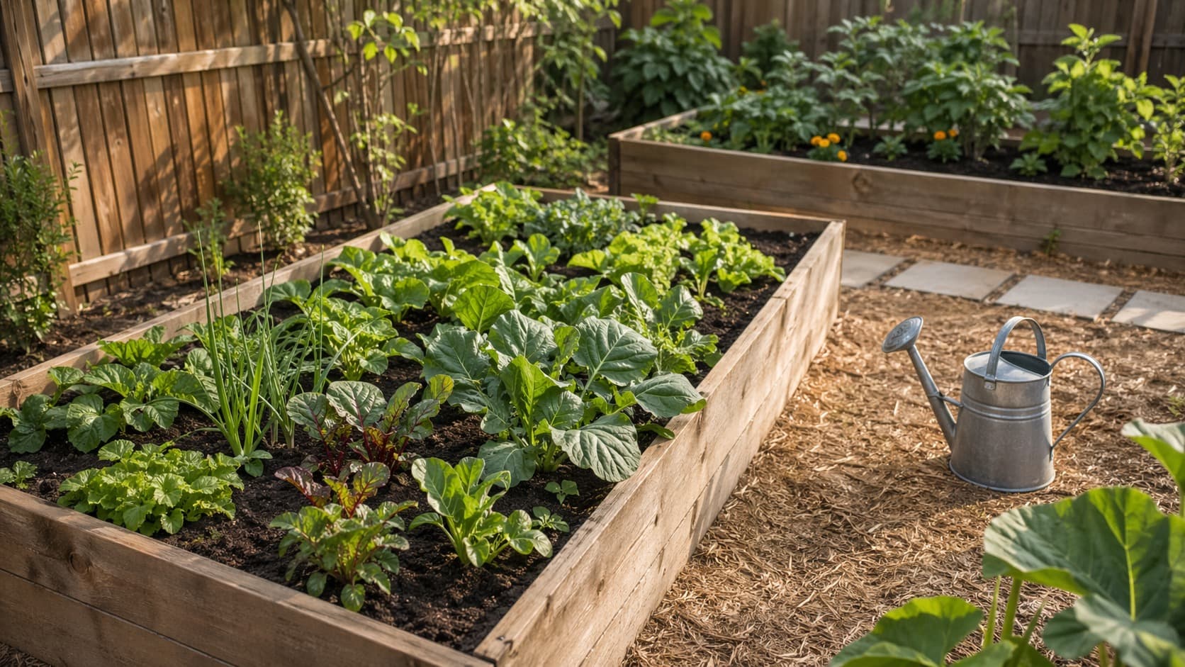 Raised garden beds planted with healthy vegetables under summer netting.