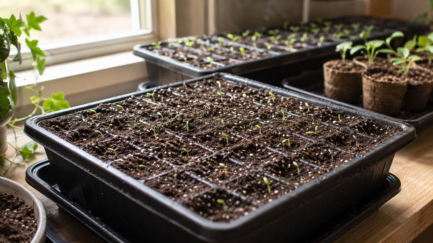 Young vegetable seedlings growing in a plastic tray filled with starting mix.