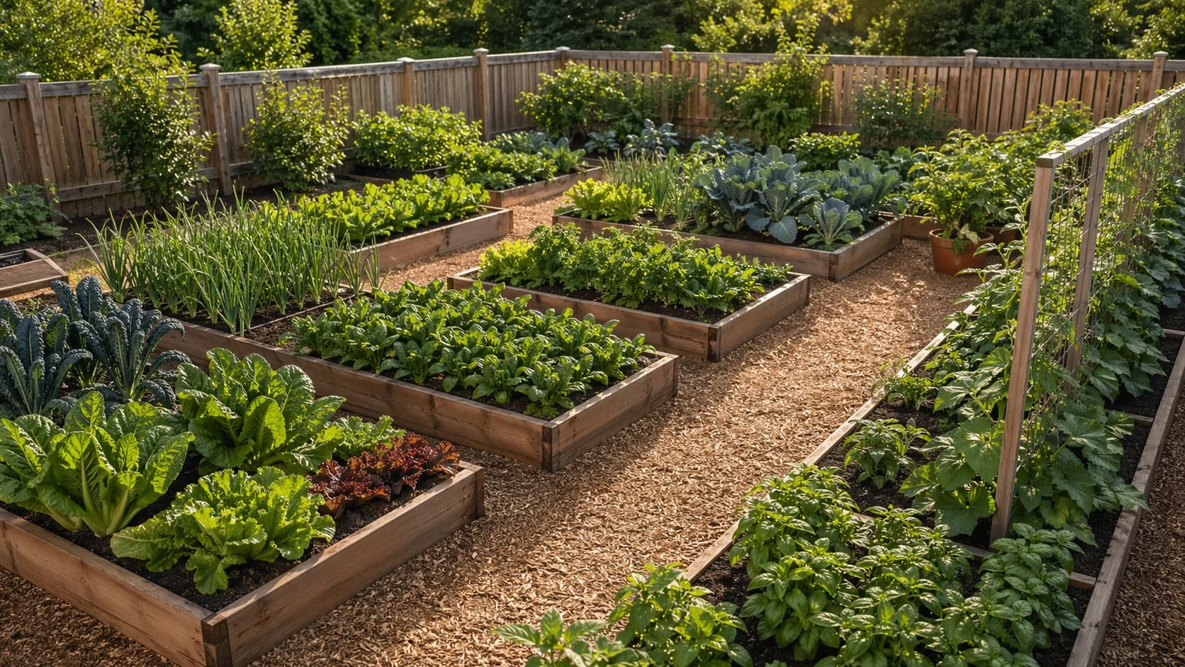 Vegetables growing across organized raised beds in a backyard garden.