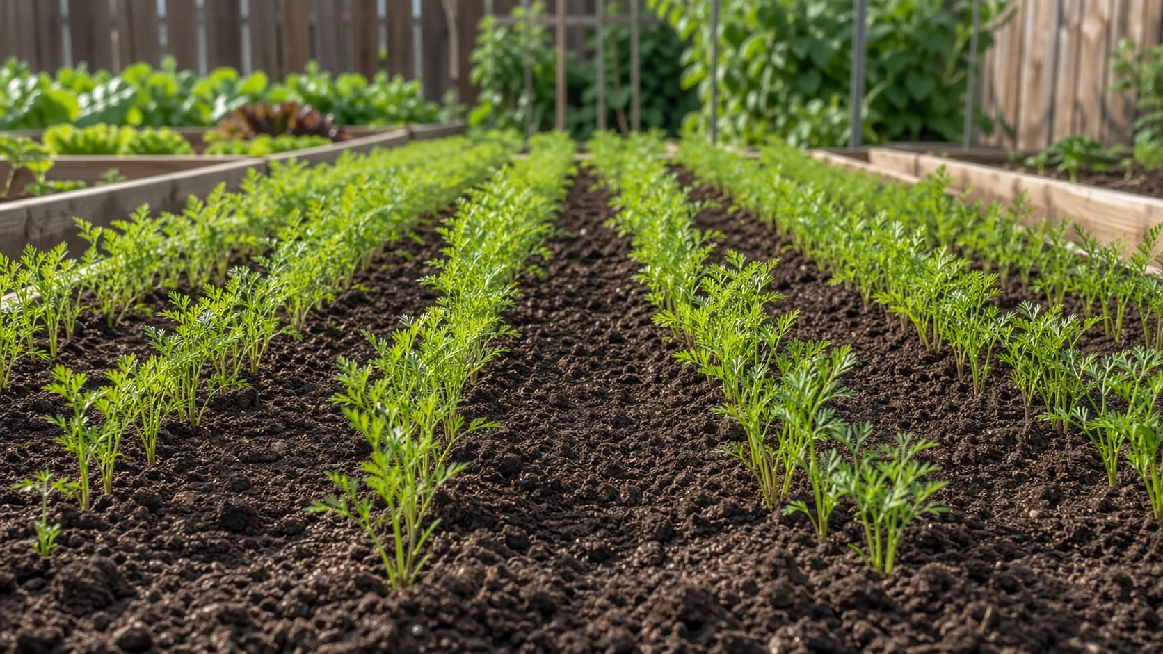 Fresh green carrot tops growing thickly in a garden bed.