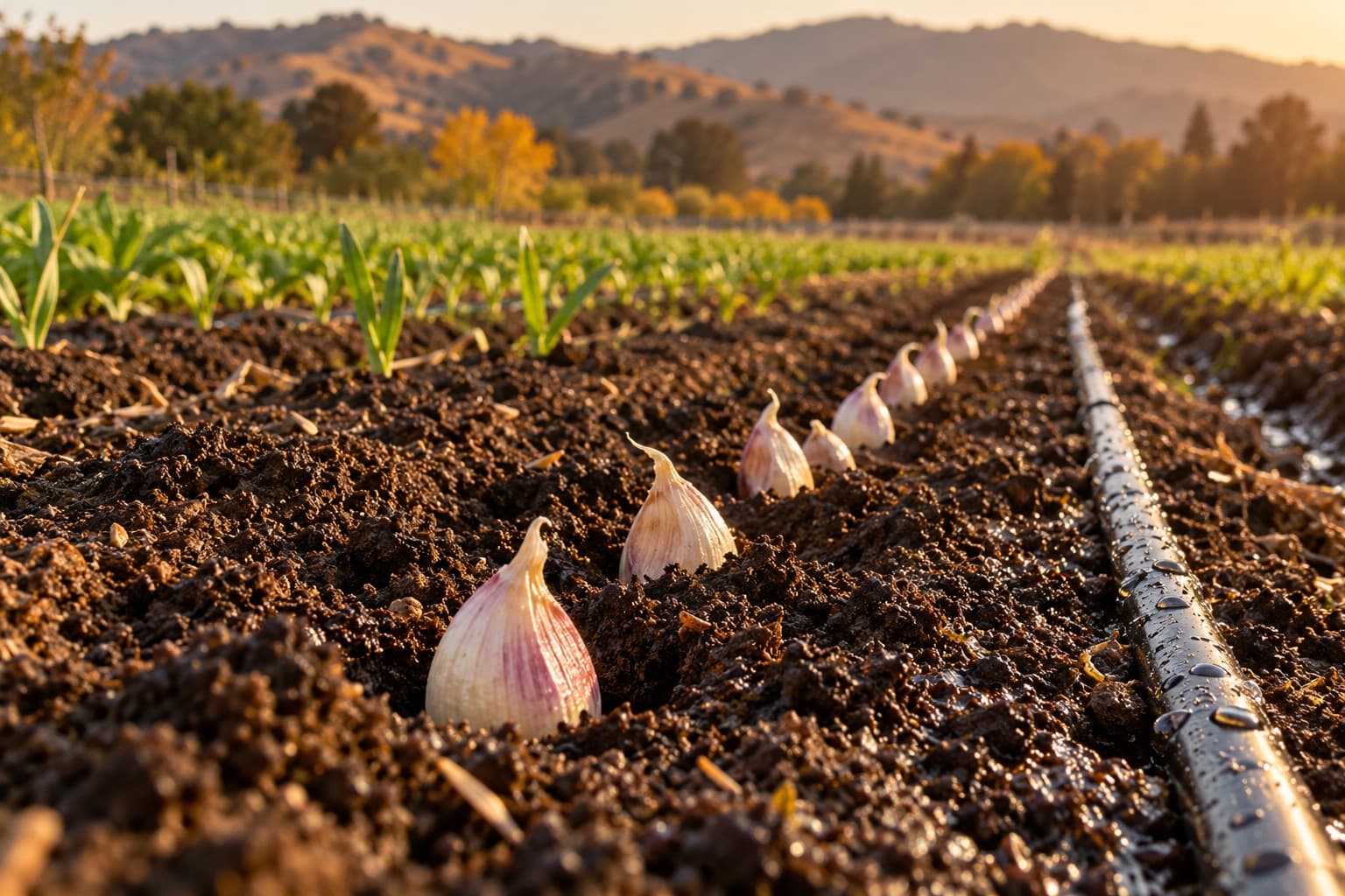 Garlic cloves set upright in dark, freshly watered soil beside a drip irrigation line in a California garden bed.