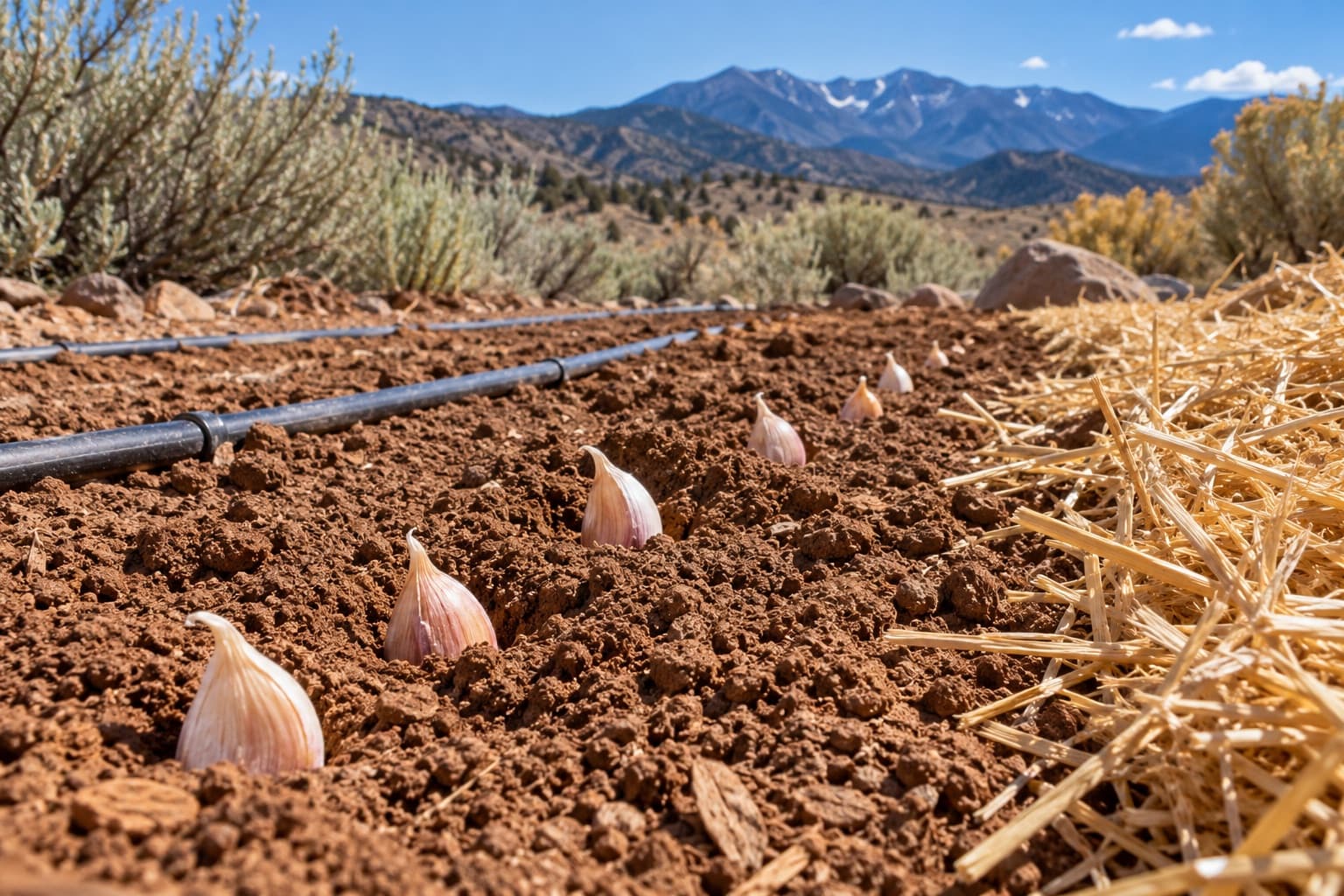 Garlic cloves pressed into dry red-brown soil beside a drip line, with straw mulch and dry foothills behind the bed.