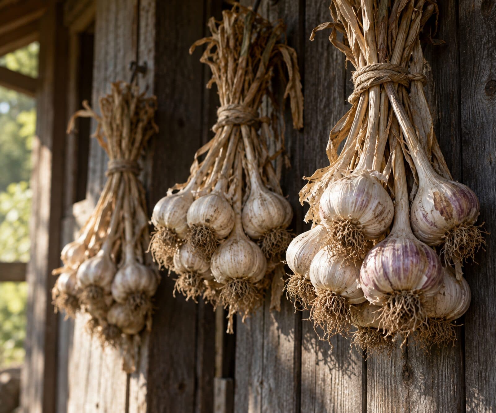 Cured garlic bulbs hanging in tied bundles against a weathered wooden wall, the seed stock a Maine grower holds back from one season to the next.