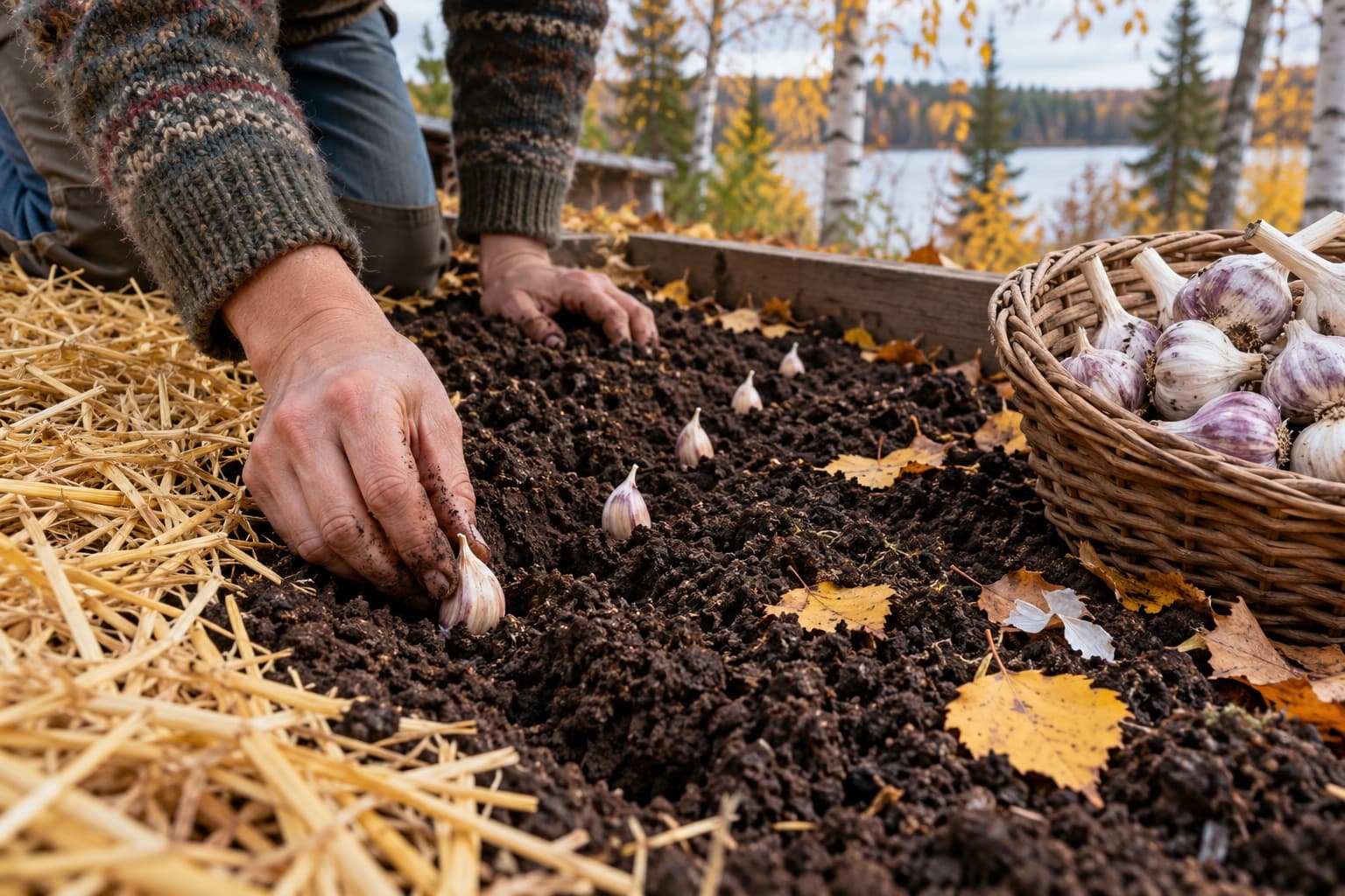 Hands planting a garlic clove in dark soil beside straw and hardneck bulbs.