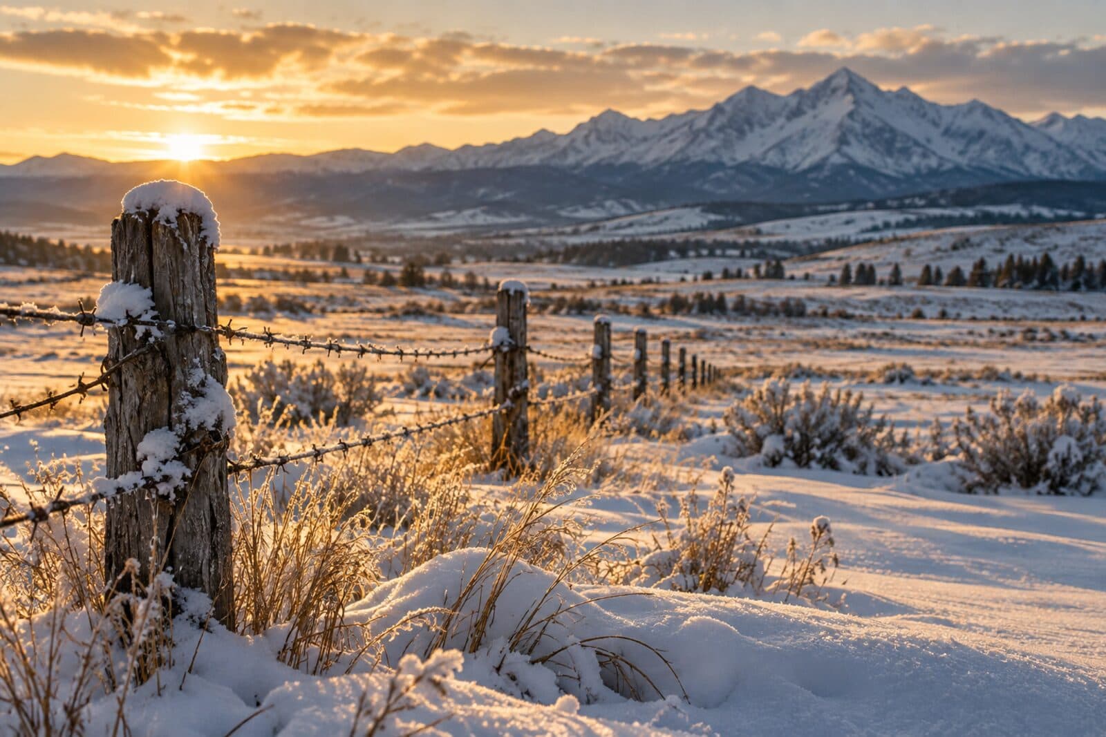 Snow lying in long drifts across a fenced field under a pale winter sky, the cover a Montana garlic bed spends the winter under.