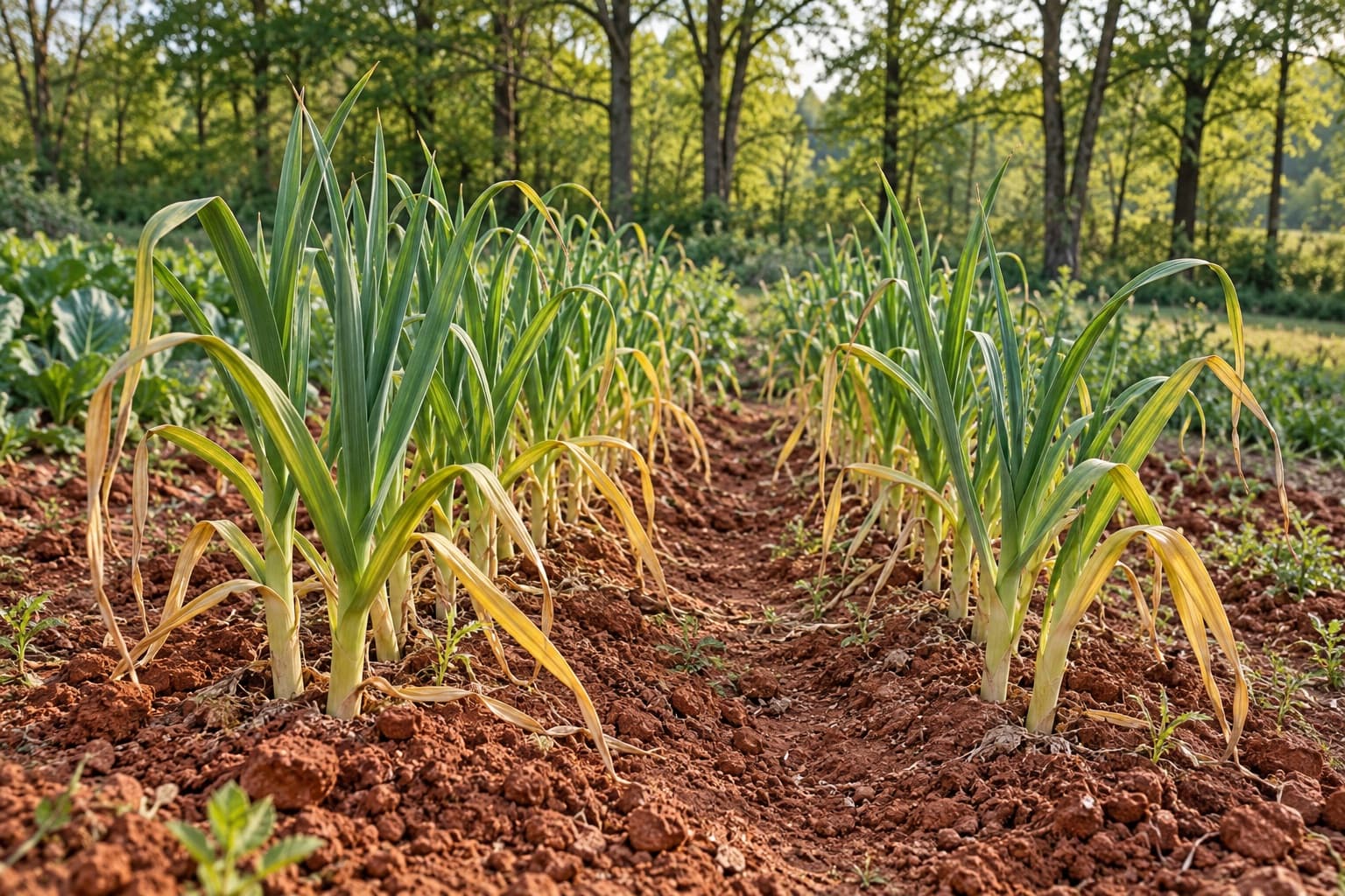 Rows of garlic in late spring on red clay soil, the lower leaves yellowing, with a line of trees behind the garden.