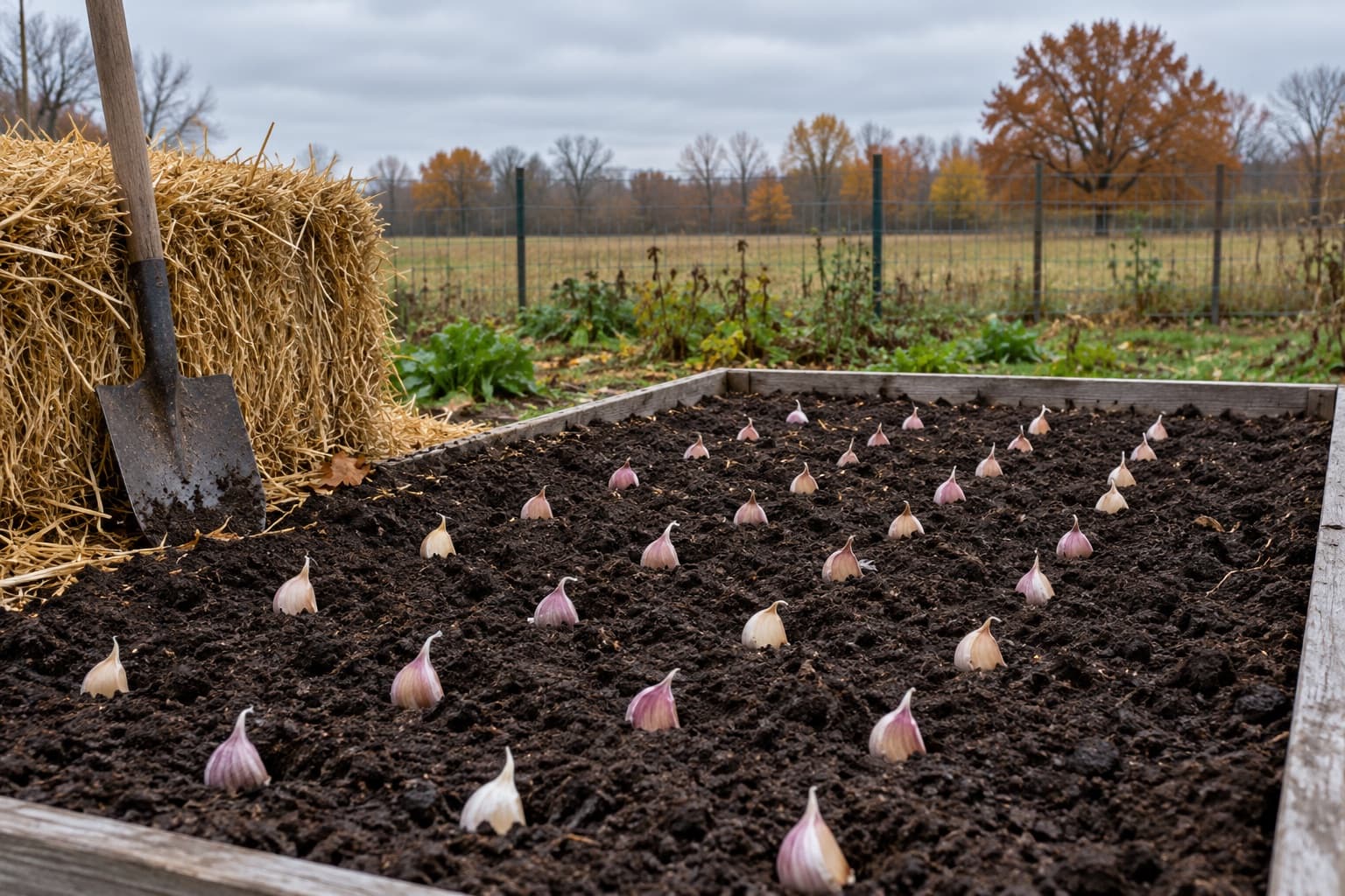 Separated garlic cloves laid out at even spacing on dark clay soil, with a straw bale and a prepared garden bed behind them.