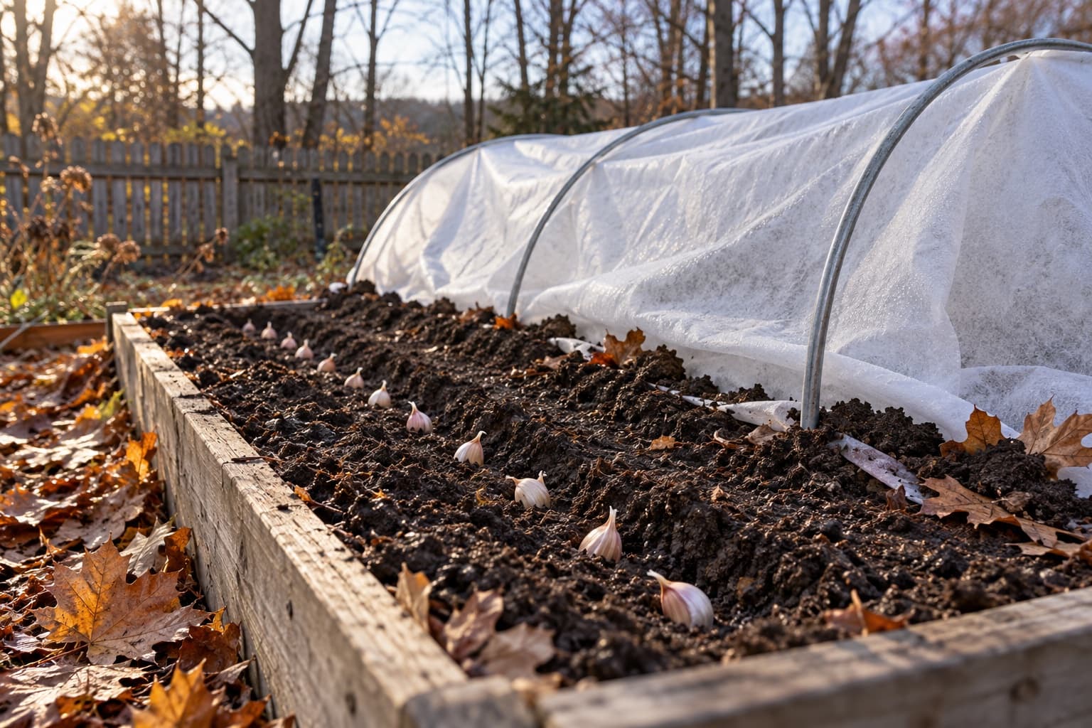 A late-autumn Pennsylvania garlic bed with cloves set in dark soil and white row-cover fabric stretched over hoops.