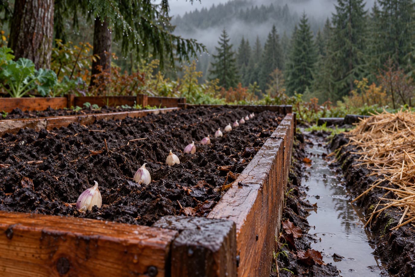 A rain-wet raised garlic bed with cloves set in dark soil, water standing in the furrow beside it and mist over a conifer treeline behind.