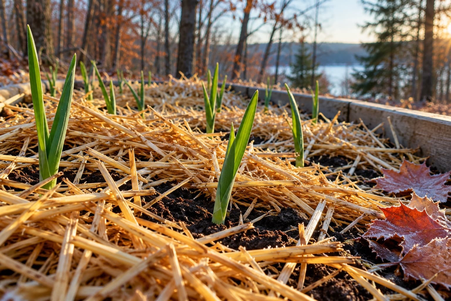 Green garlic shoots growing through straw mulch in an autumn raised bed.