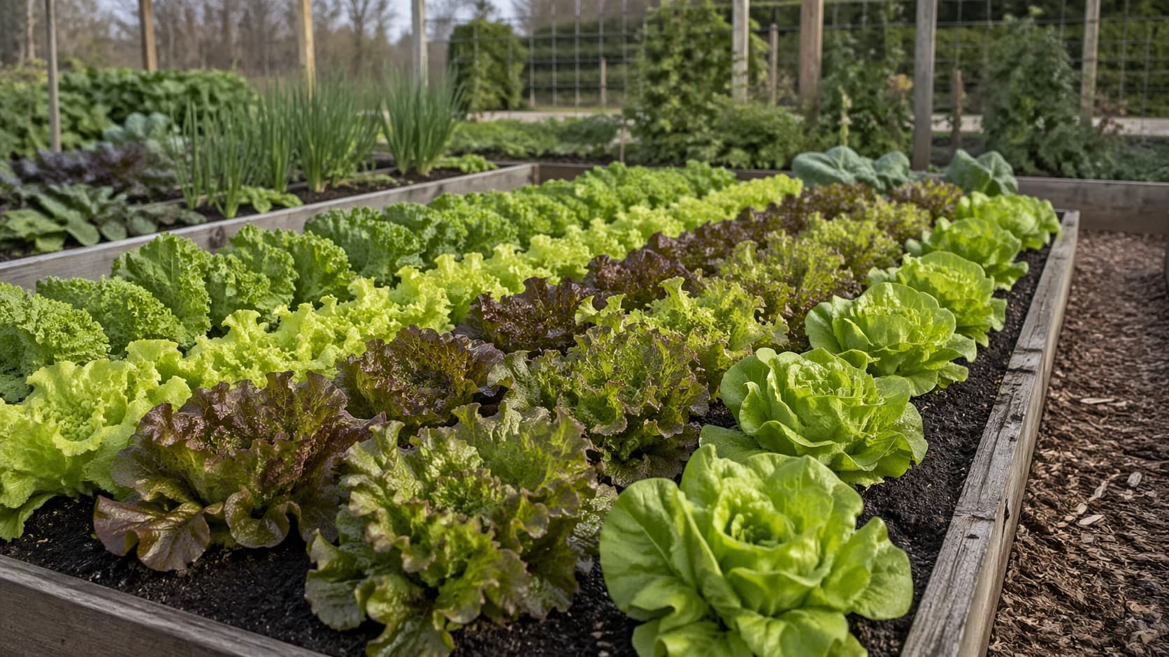 Fresh green lettuce leaves growing densely in a garden bed.