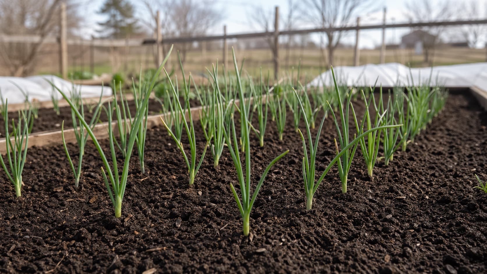 Young green onion plants growing upright in garden soil.