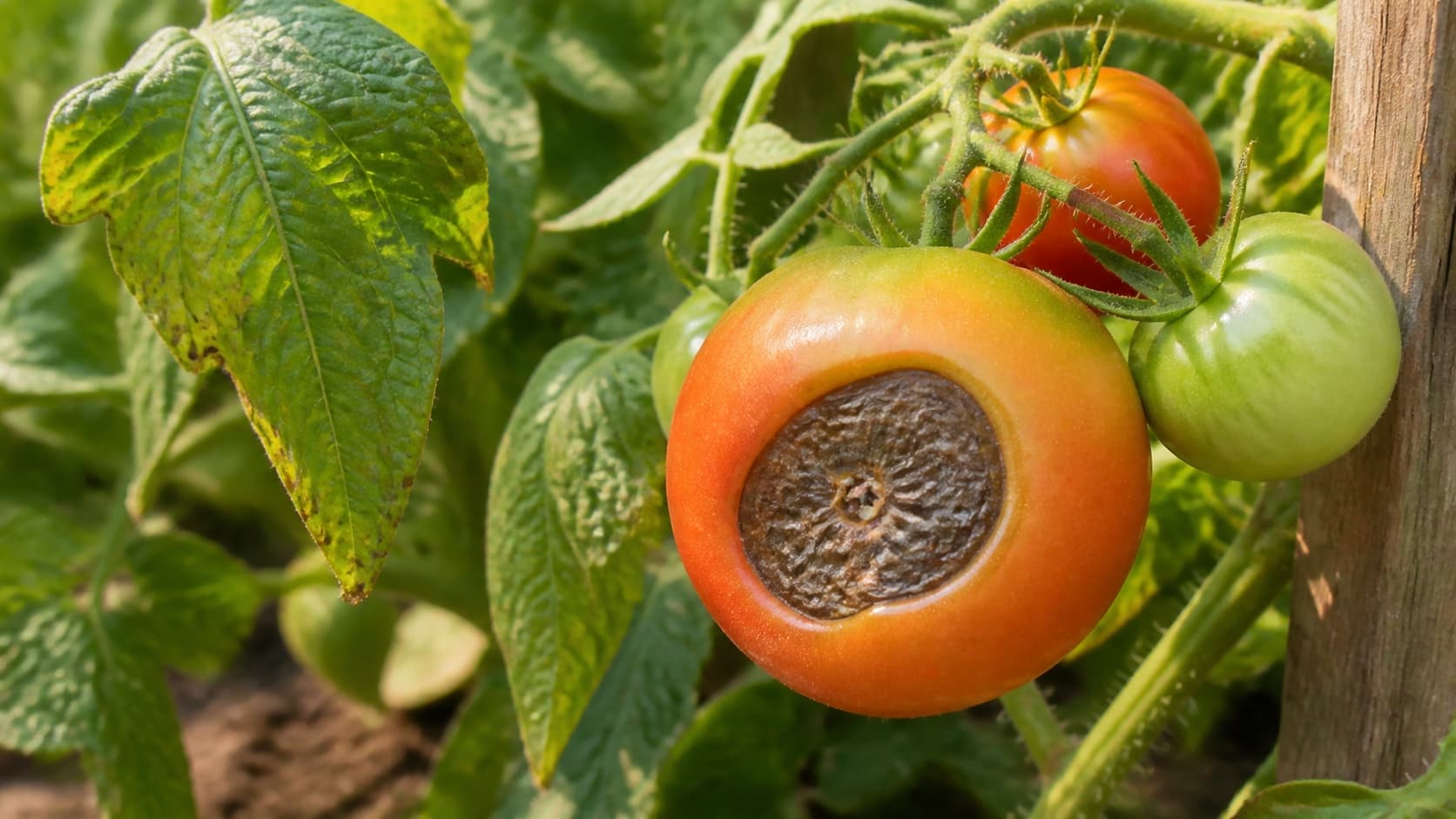 Tomato fruit with a dark, sunken blossom-end rot lesion.