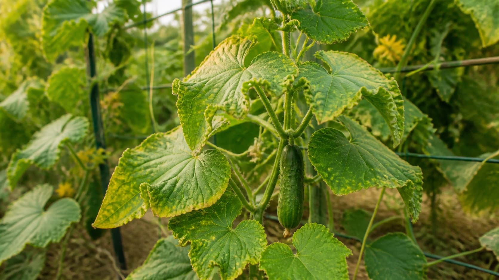 Cucumber plant with curled, yellow-edged leaves and a developing cucumber.