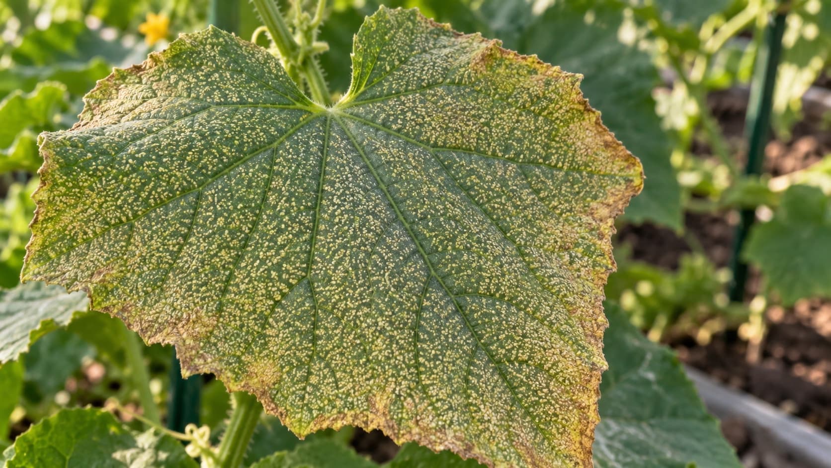 Cucumber leaf covered in dense fine pale stippling between green veins, with the leaf edge bronzed and dry.
