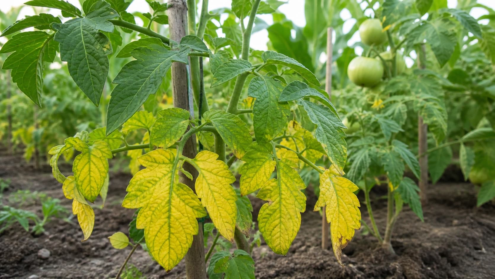 Tomato plant with yellowing lower leaves and healthy green growth above.
