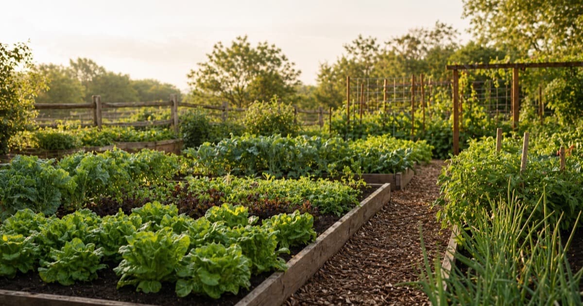 Raised vegetable beds and trellised crops in a tidy home garden at warm morning light.