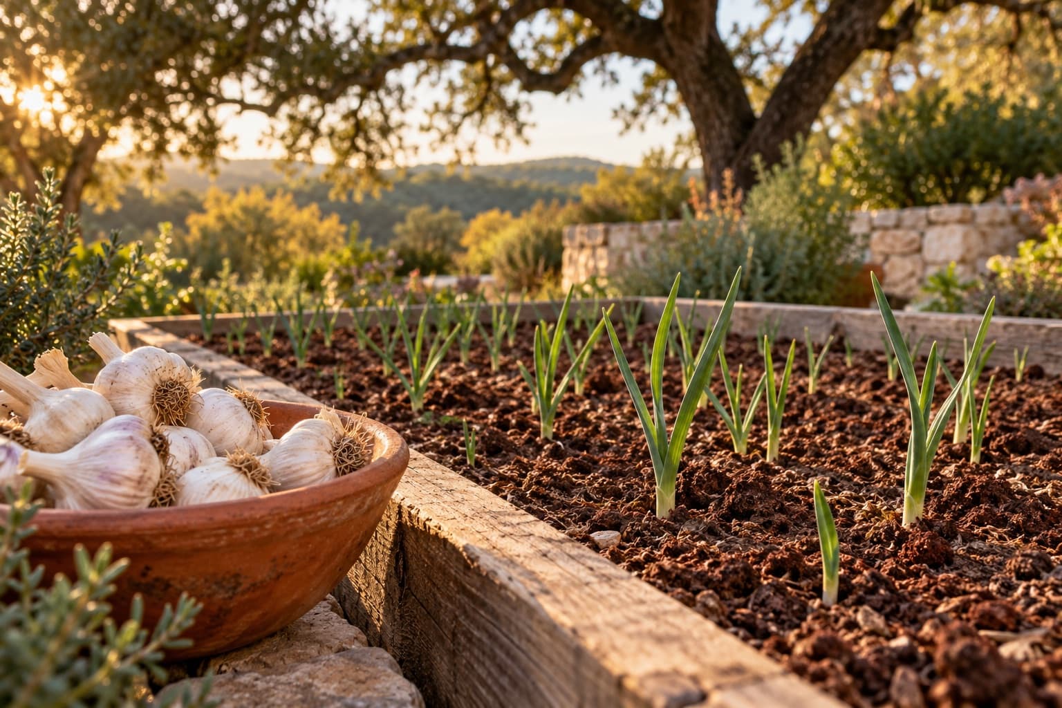 Young garlic shoots in a Texas raised bed with softneck bulbs in a terracotta bowl.