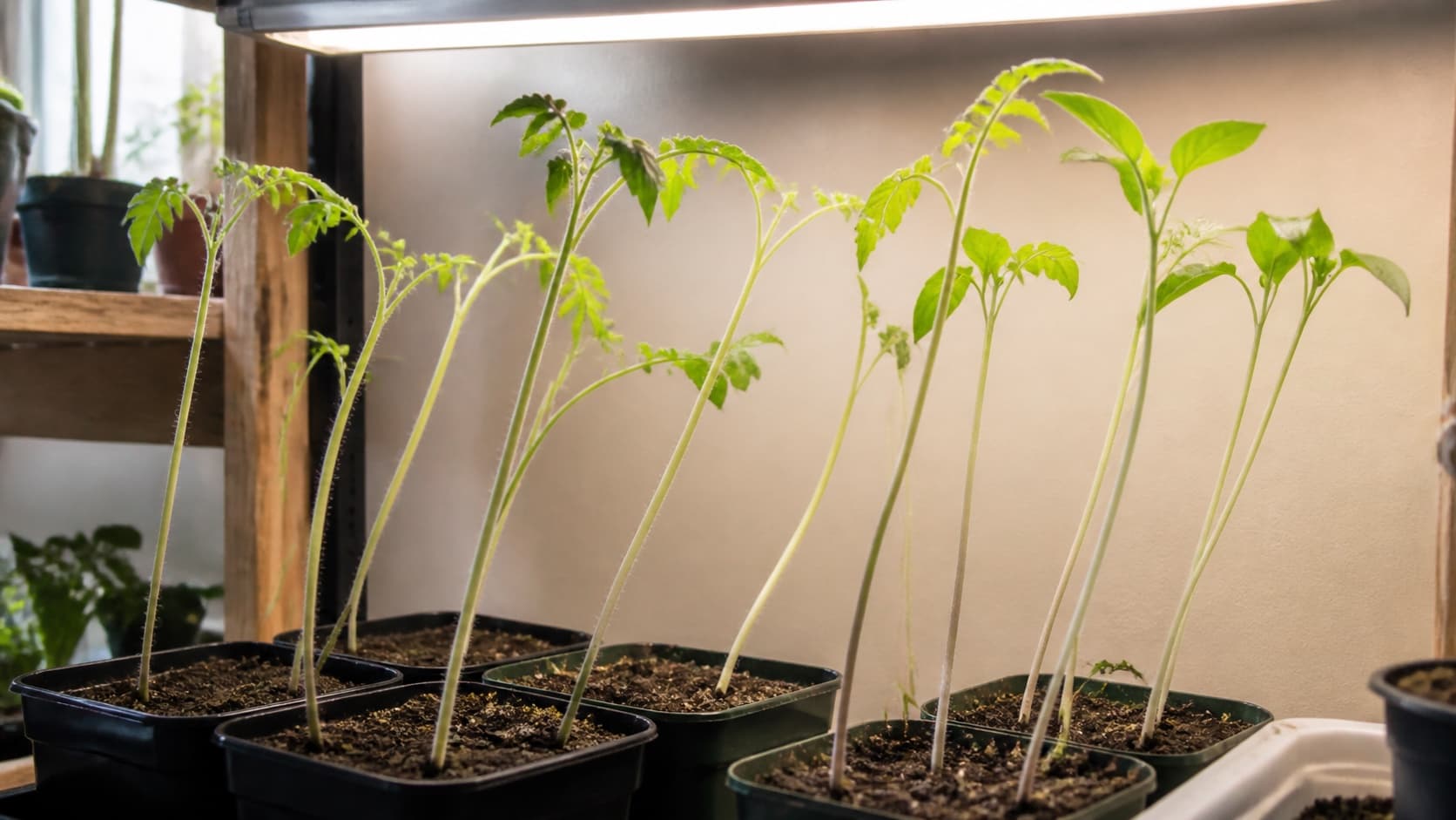 Tall, thin, pale seedlings stretching beneath a grow light.