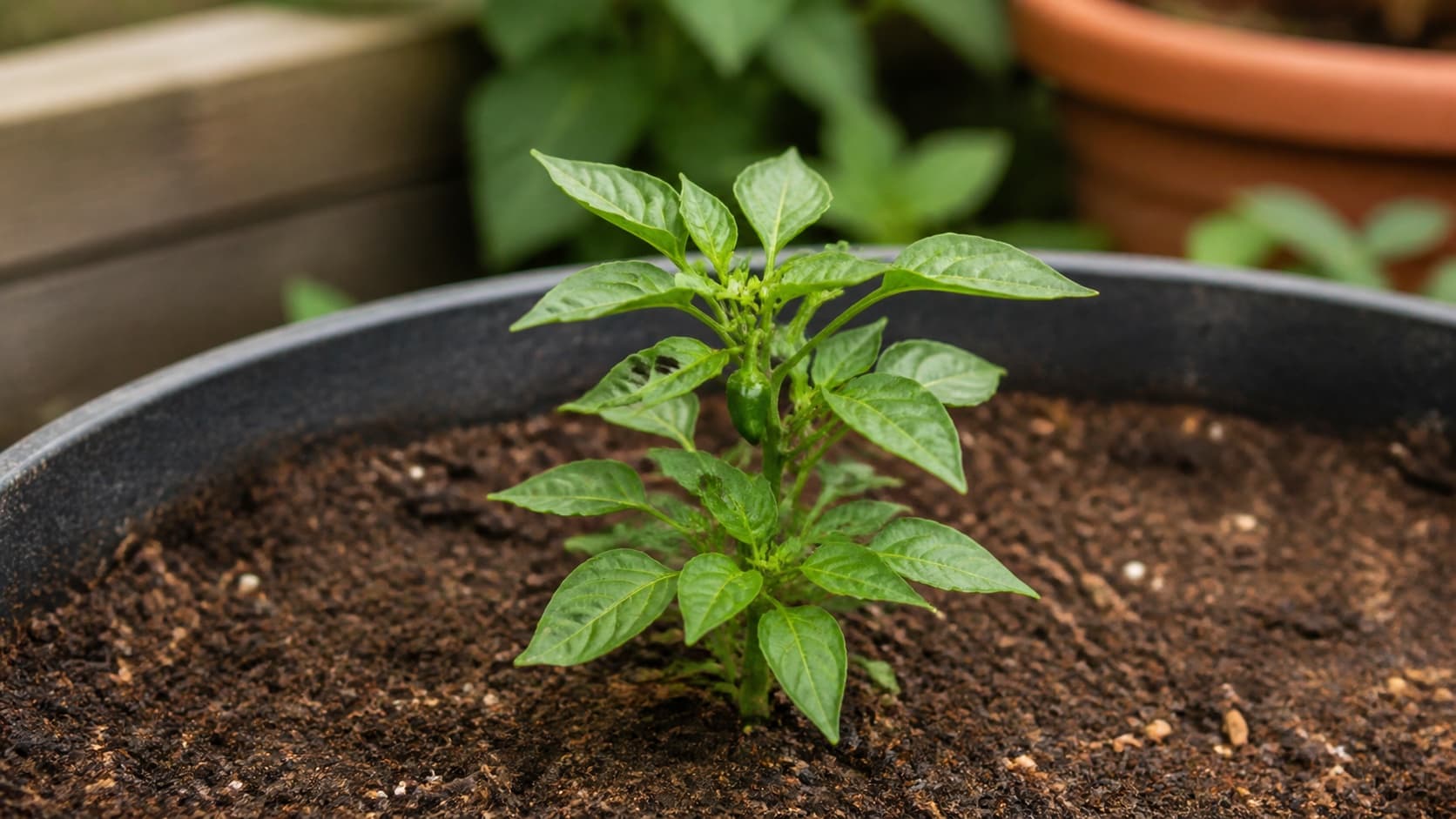 Planta de pimiento pequeña con crecimiento limitado en una maceta.