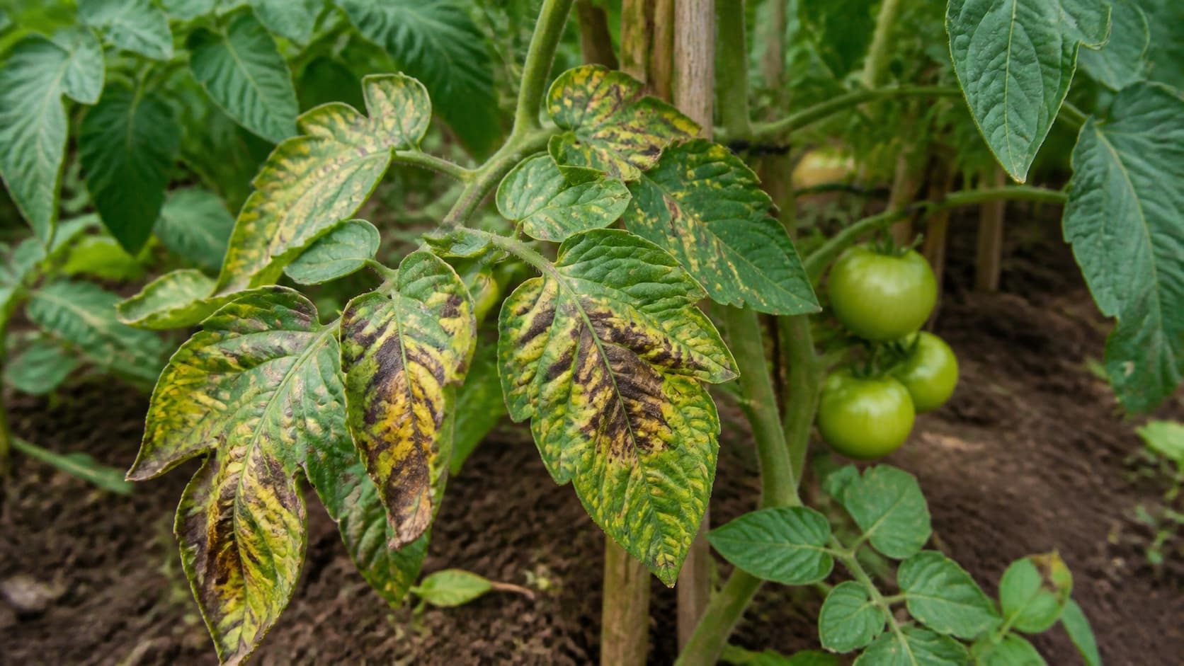 Folhas de tomate com lesões marrons e amarelas visíveis de requeima.