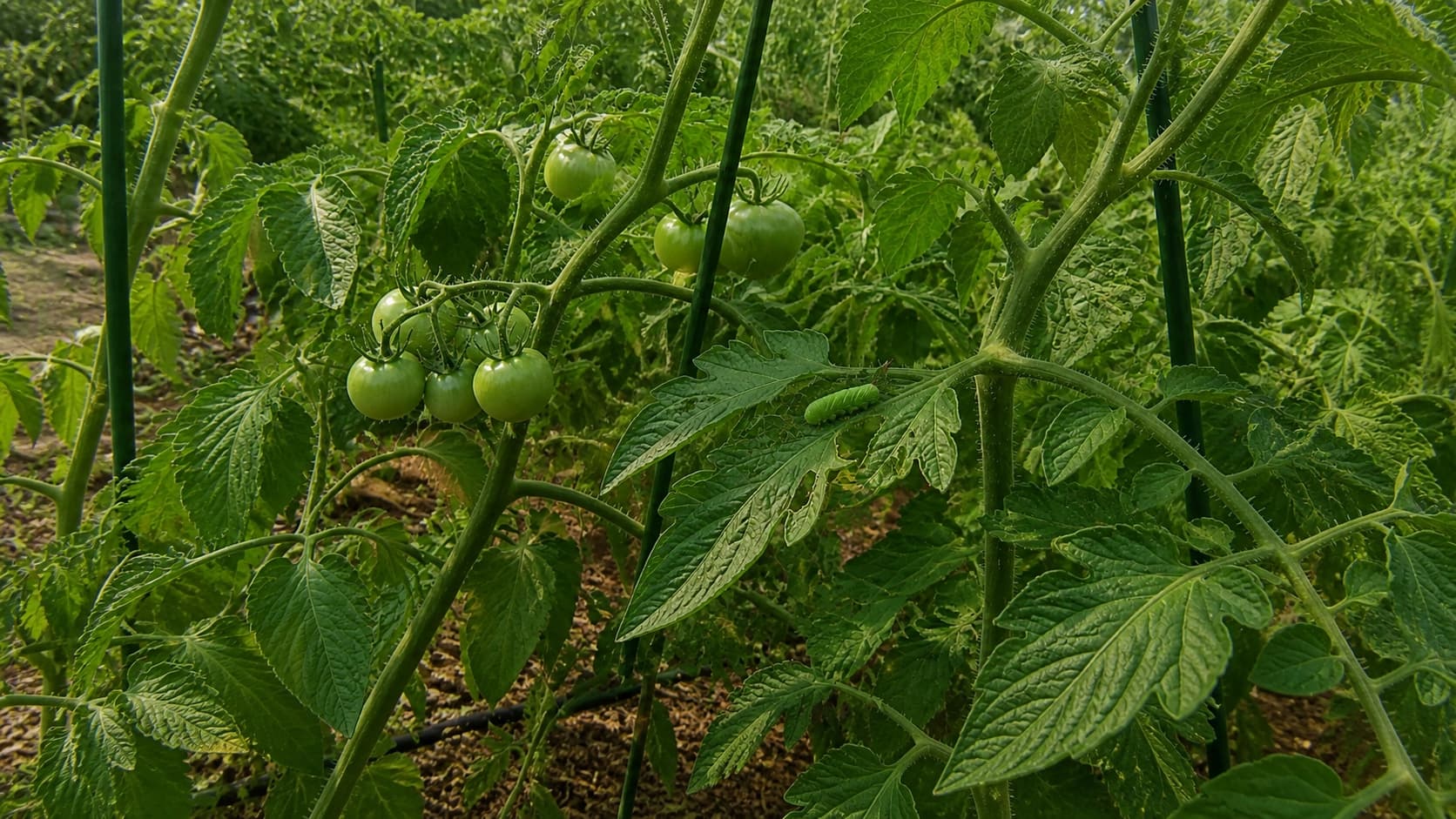 Green tomato hornworm resting on a tomato leaf.