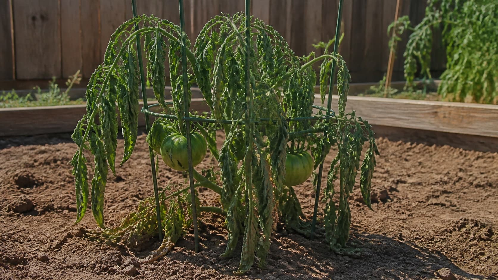 Wilted tomato plant with drooping leaves and green fruit.