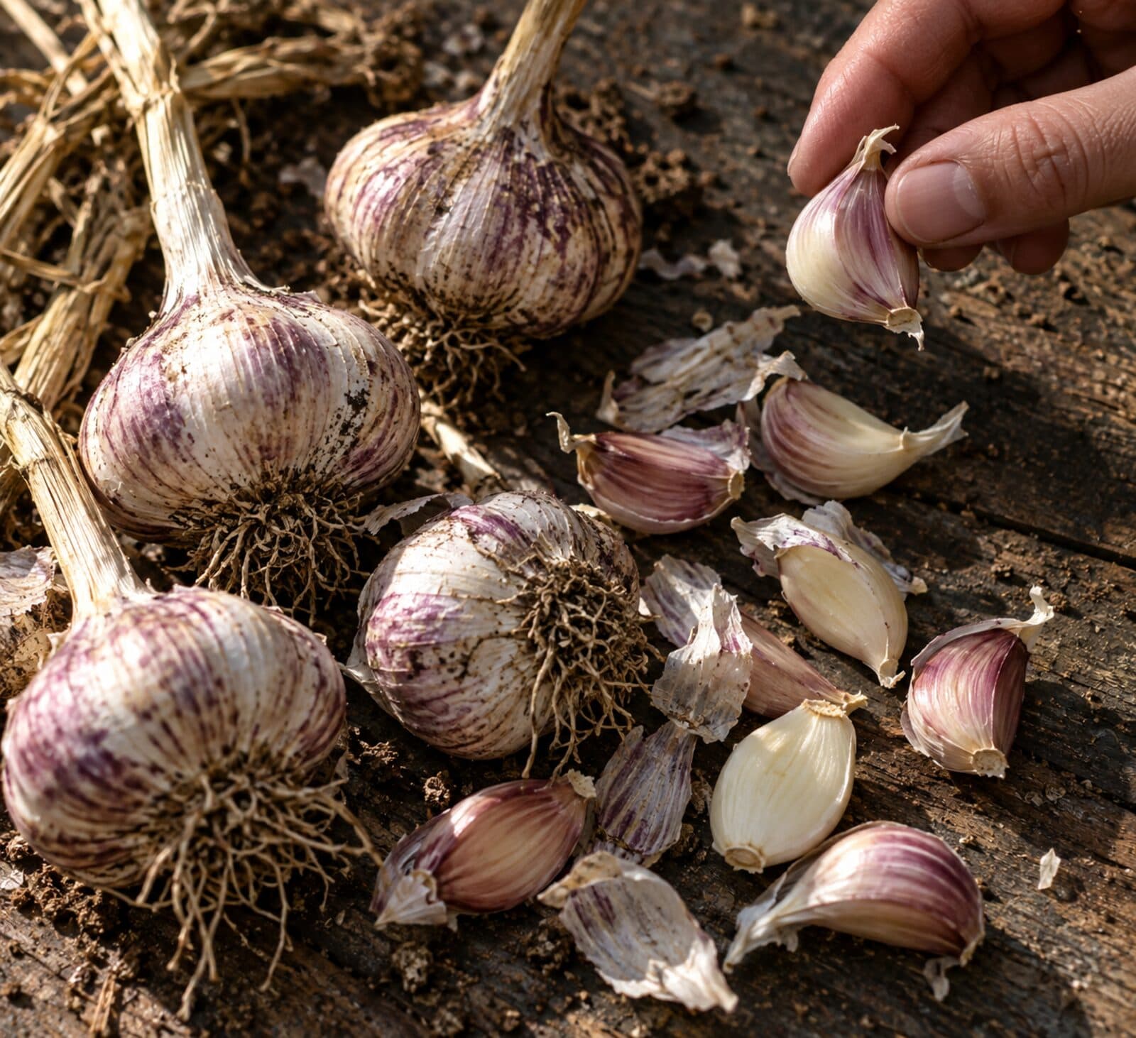 Bulbos de ajo curados y dientes sueltos sobre una superficie de madera oscura, listos para separar y plantar.